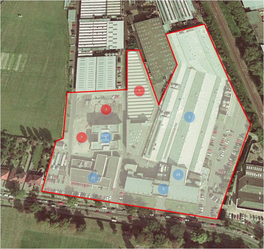 The Priory Crescent site outlined, with building numbers marked where known (red: number unknown)